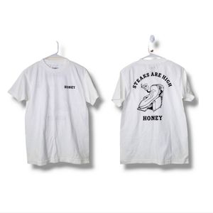 NWOT Honey Brand Co 'Steaks Are High' Graphic Logo Spellout Tee in White Sz S